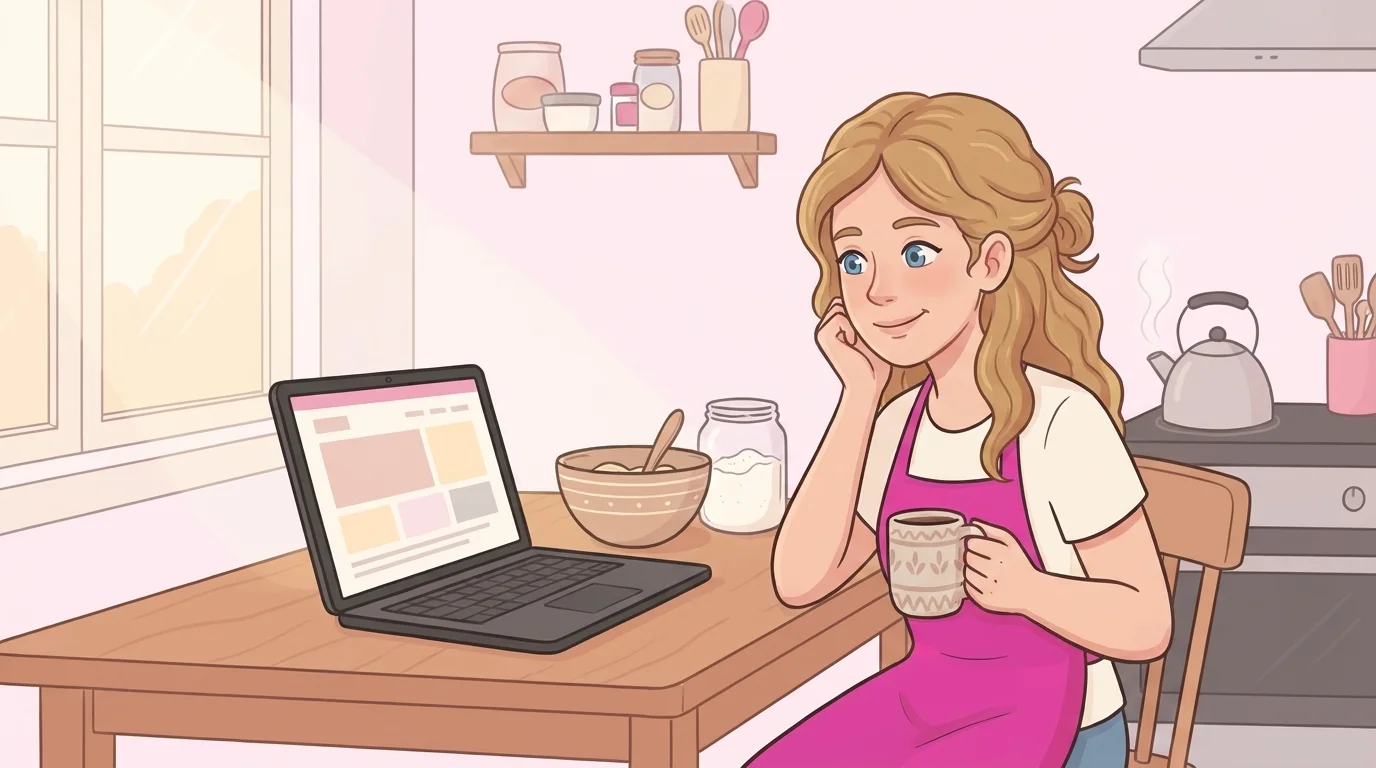 Edith at her kitchen table with a laptop, creating her Cake Shed page