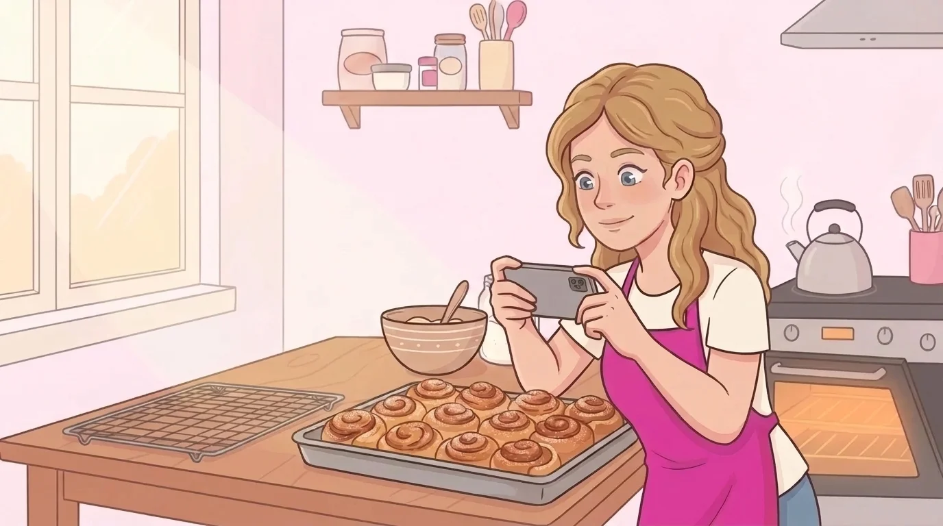 Edith photographing a tray of fresh cinnamon buns next to her oven