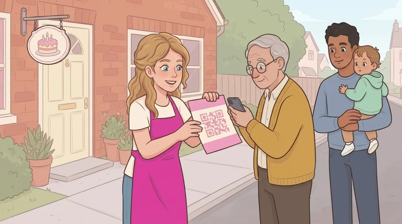 Edith handing a QR poster to a neighbour who scans it with a phone