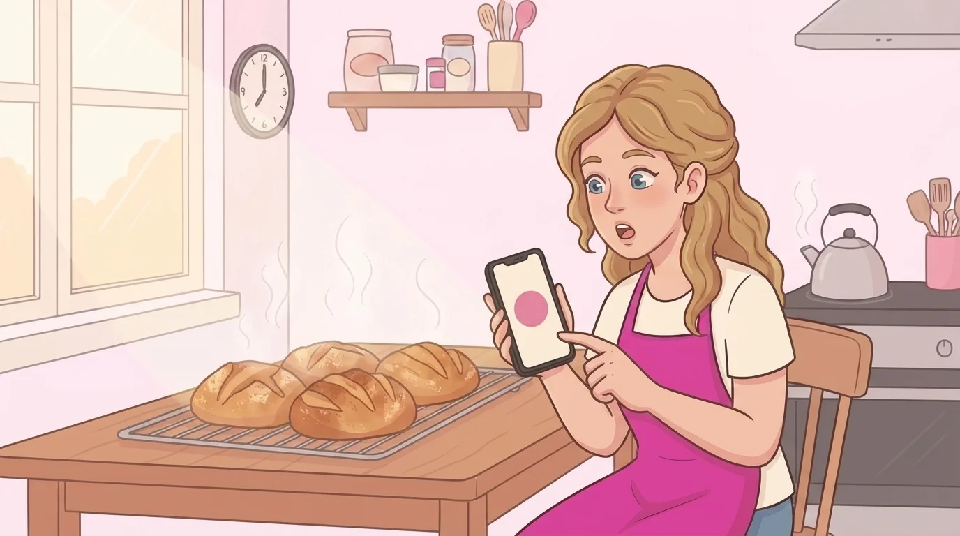 Edith snapping a photo of a fresh tray of bread, then tapping the Open button on her phone